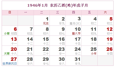 1946年日历表，1946年阴历表（阴历和公历表）