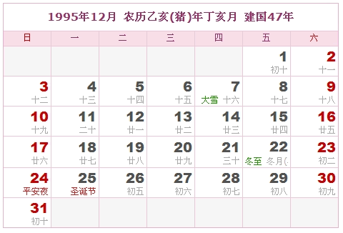 1995年日历表，1995年阴历表（阴历和阳历之间的对比表）11
